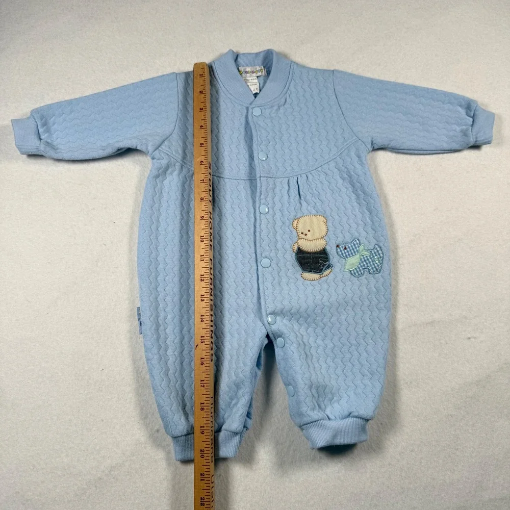 Smart Baby Blue Quilted Knit Romper Teddy Bear Puppy Applique Snap Front 6-9m